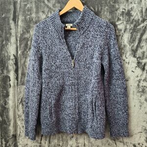 L.L. Bean Women's Full Zip Blue Marled Lambswool Sweater Medium